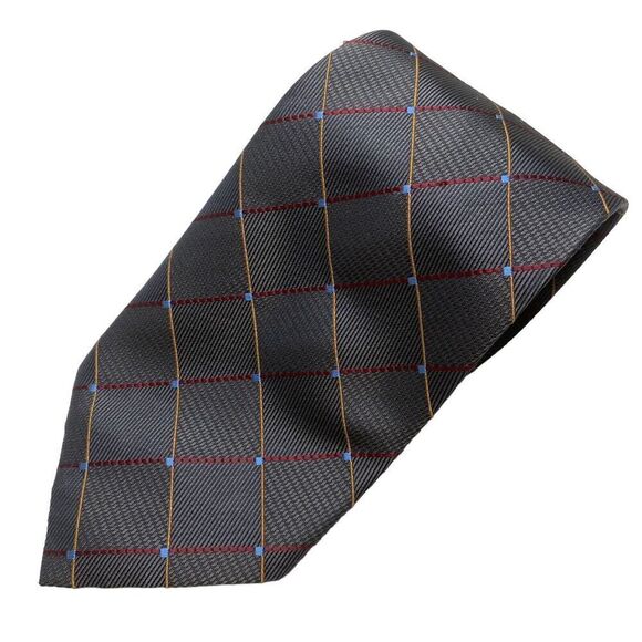 Henry Jacobson Tie Men's Necktie Diamond Check Silk Dark Gray Short - Picture 1 of 7